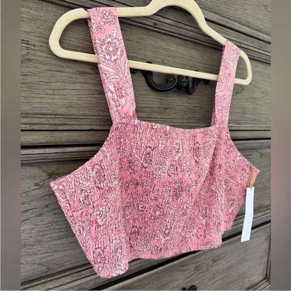 NEW House of Harlow 1960 Pink Floral Smocked Crop Top NWT White Tie Back Cotton - Picture 4 of 10